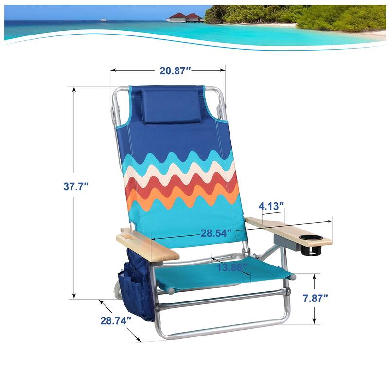2-Piece Lightweight 5-Position Folding Lay Flat Beach Chairs with Tower Bar