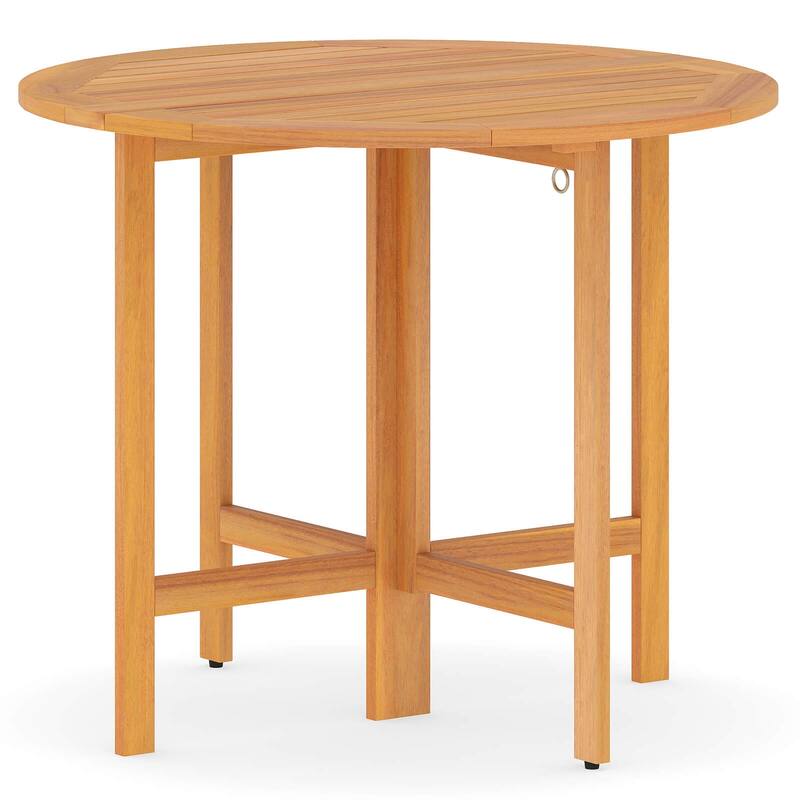 Costway 36" Outdoor Folding Round Dining Table with Slatted Tabletop - Teak - See Details - Teak - See Details