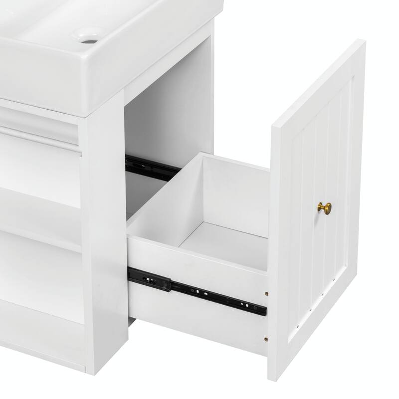 20-Inch Bathroom Vanity with Ceramic Sink - MDF Storage Cabinet with Drawer, Side Shelf and Silver Handle