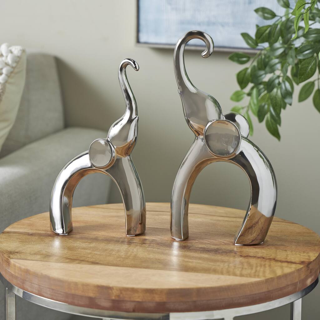 Silver or Gold Ceramic Abstract Arched Cutout Elephant Decorative Sculpture (Set of 2)