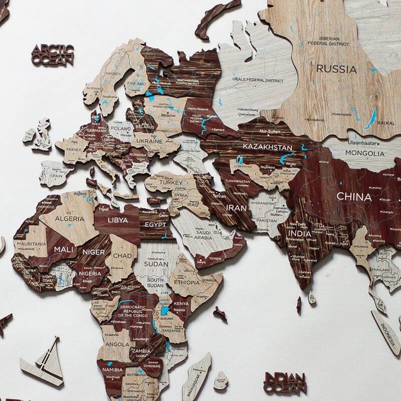 HomeRoots 35" X 59" Brown and Beige Wood World Map Hanging Dimensional Sculpture