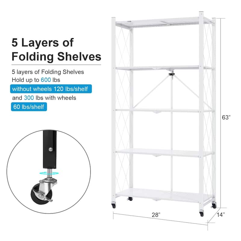 5-Tier Foldable Storage Shelving Unit, Heavy Duty Metal Kitchen Shelf with 3 Hooks