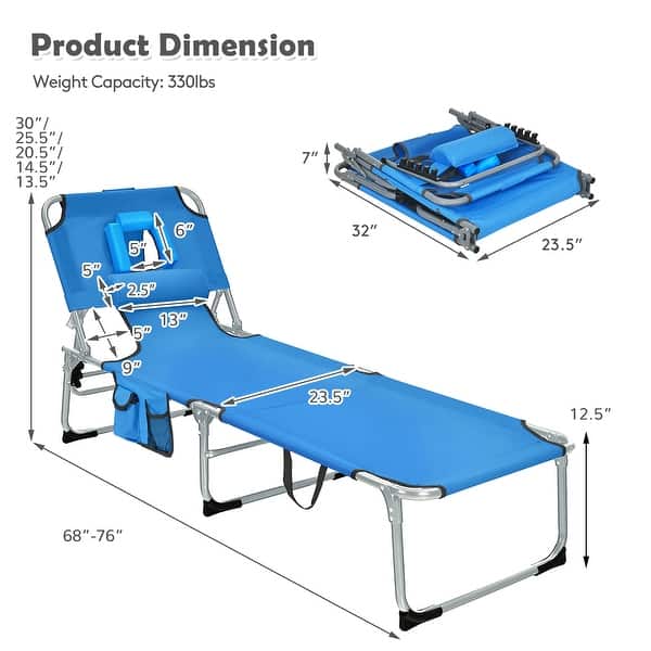 dimension image slide 0 of 5, Gymax Portable Beach Chaise Lounge Chair Folding Reclining Chair w/
