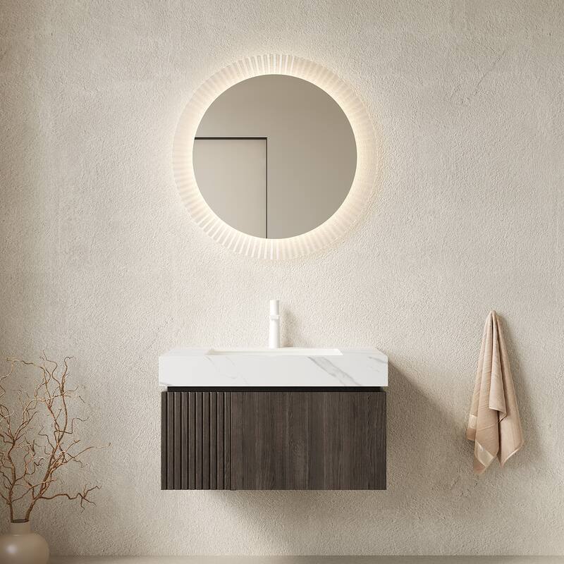 Floating Bathroom Vanity with Sintered Stone Top and Undermount Ceramic Basin - 29.92'' x 18.9'' x 17.72'' - Carrara White and Espresso