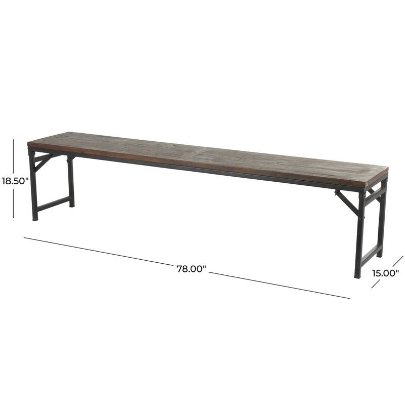 Dark Brown Teak Wood Long Home Bench with Black Metal Legs