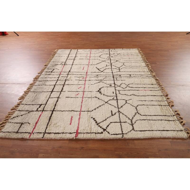 Ivory Moroccan Oriental Area Rug Handmade Wool Carpet - 6'4" x 8'4"