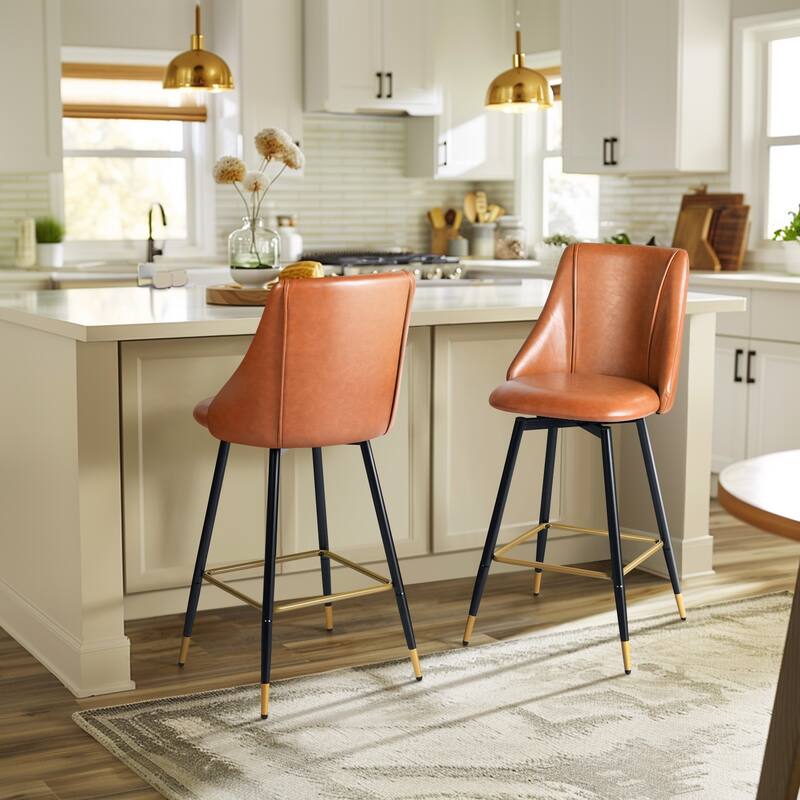 Homy Casa Set of 2 Faux Leather Counter Stools with Backrest and Gold-Tipped Metal Legs-Ideal for Modern Kitchens and Home Bars