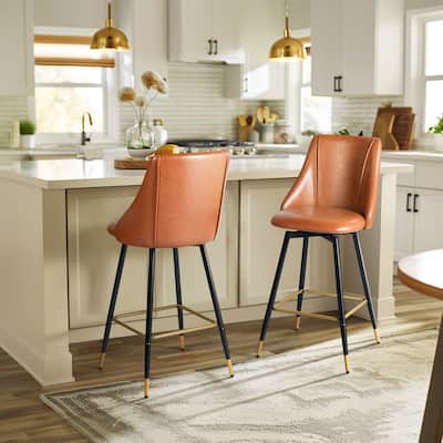 Homy Casa Set of 2 Faux Leather Counter Stools with Backrest and Gold-Tipped Metal Legs-Ideal for Modern Kitchens and Home Bars