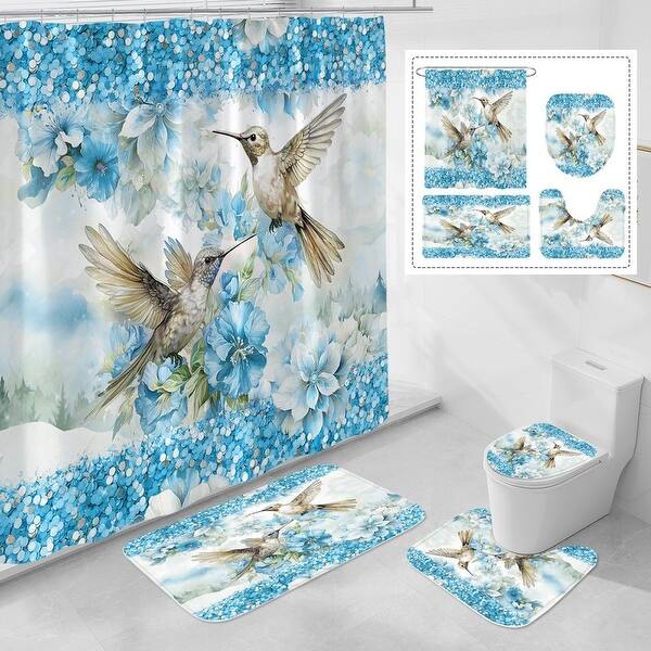 slide 2 of 24, 4 Pcs HummingBird Flower Shower Curtain Sets with Rugs for Bathroom Decor, Vintage Floral (Hooks Not Included) blue