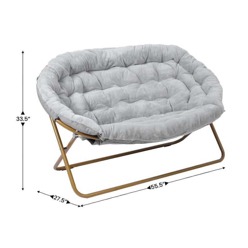 Folding Synthetic Fur Double Saucer Chair with Steel Frame - 27.5"D x 55.5"W x 33.5"H