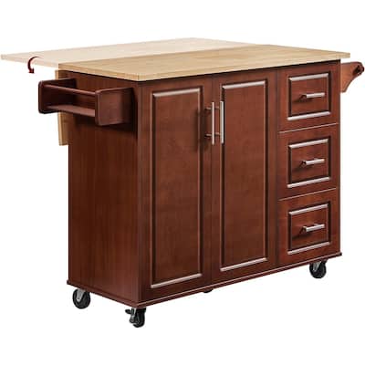 54" Rolling Kitchen Island Cart with Storage, Wood Island Table for Kitchen with 3 Drawers and Spice Rack