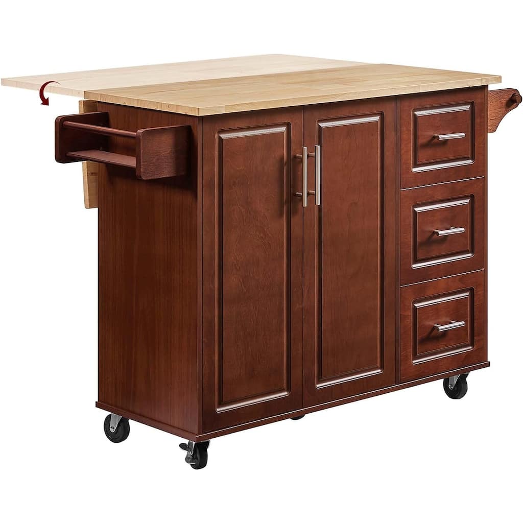 54" Rolling Kitchen Island Cart with Storage, Wood Island Table for Kitchen with 3 Drawers and Spice Rack
