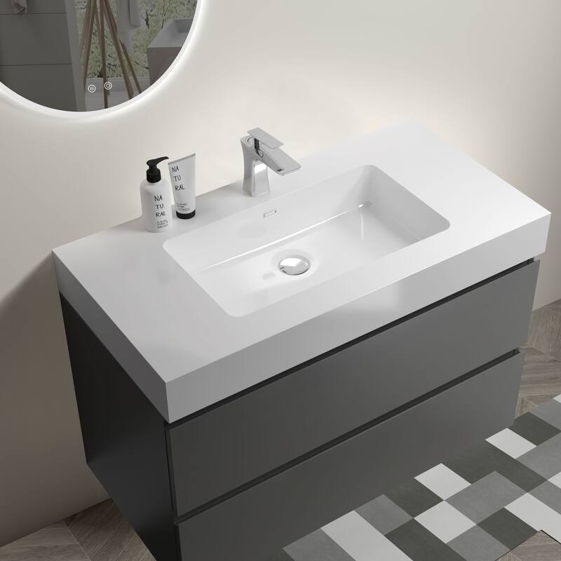 36"Bathroom Vanity with Sink,Storage Wall Mounted Floating Bathroom Vanity,One-Piece Black Sink Basin without Drain and Faucet