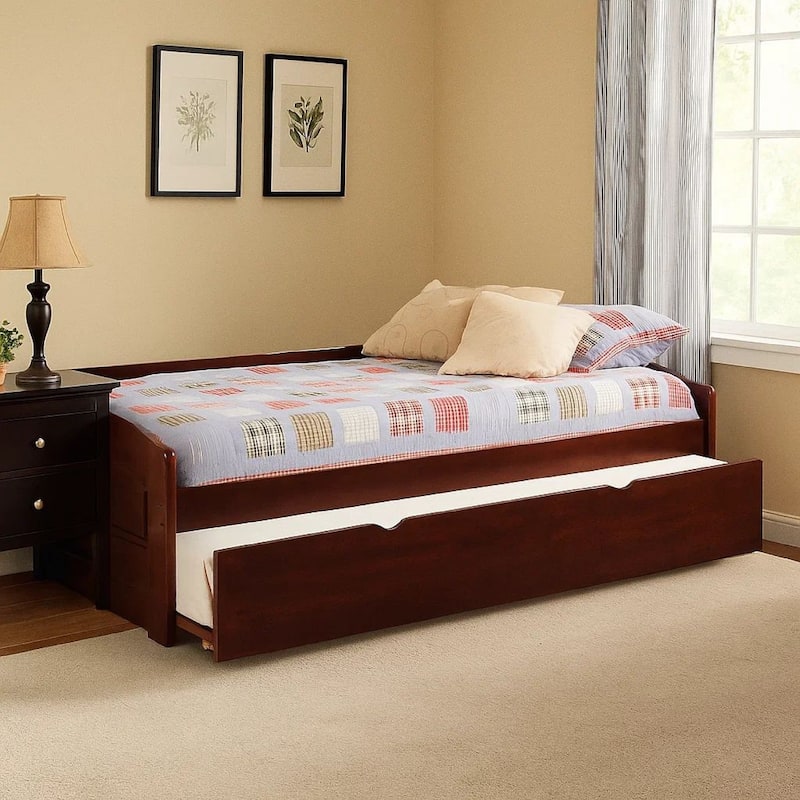 Transitional Wooden Trundle Bed with Bottom Pull Out Bedding, Brown