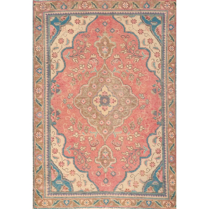Hand Knotted Oriental 100% Wool Carpet Traditional Floral Pink Tabriz Area Rug - 4' 9'' X 3' 3''