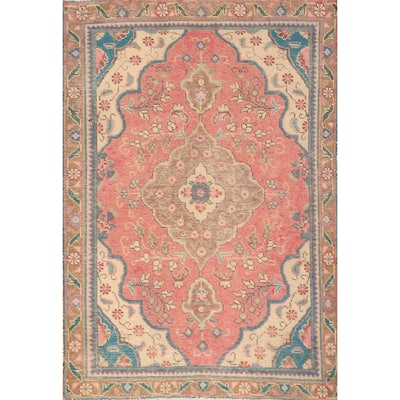 Hand Knotted Oriental 100% Wool Carpet Traditional Floral Pink Tabriz Area Rug - 4' 9'' X 3' 3''