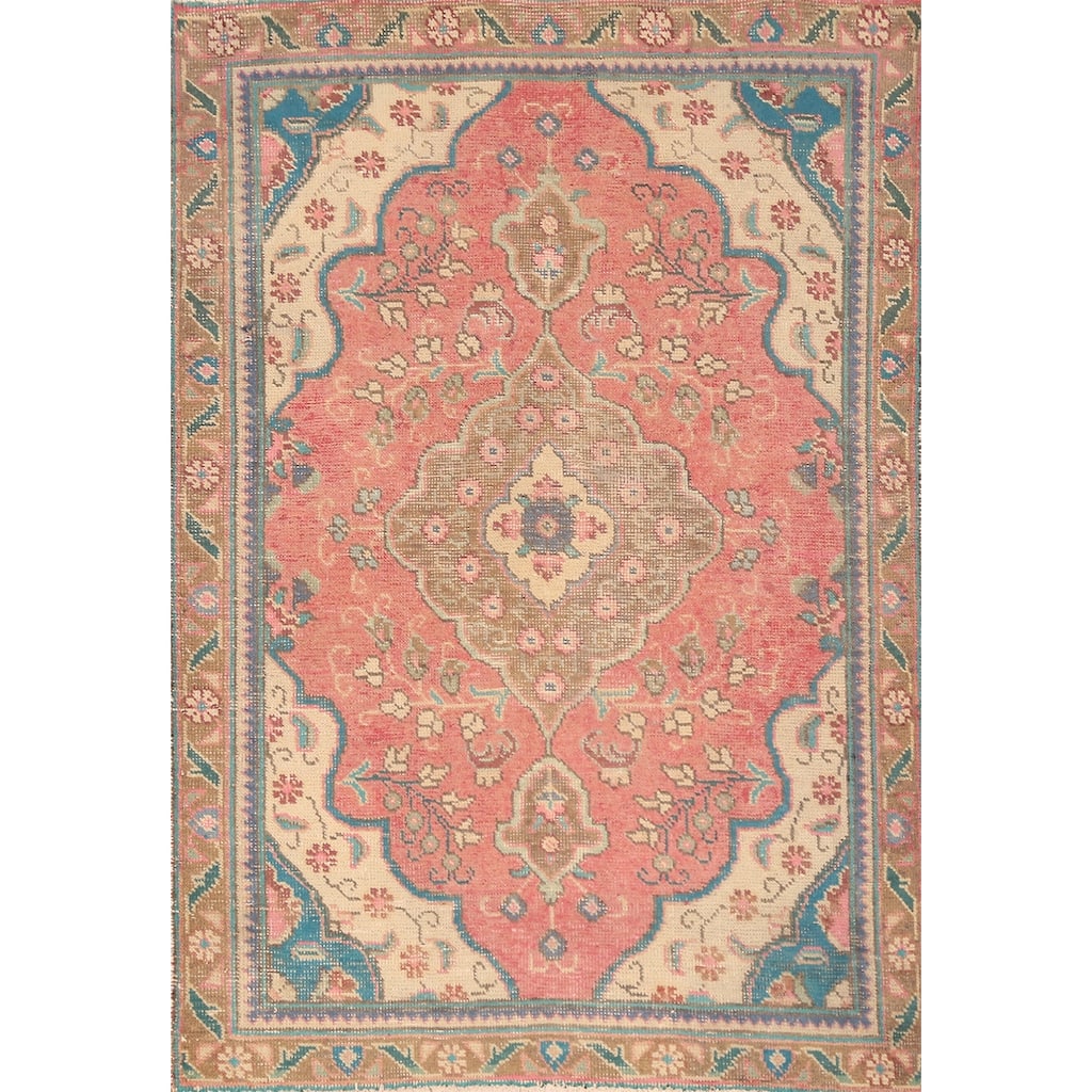 Hand Knotted Oriental 100% Wool Carpet Traditional Floral Pink Tabriz Area Rug - 4' 9'' X 3' 3''