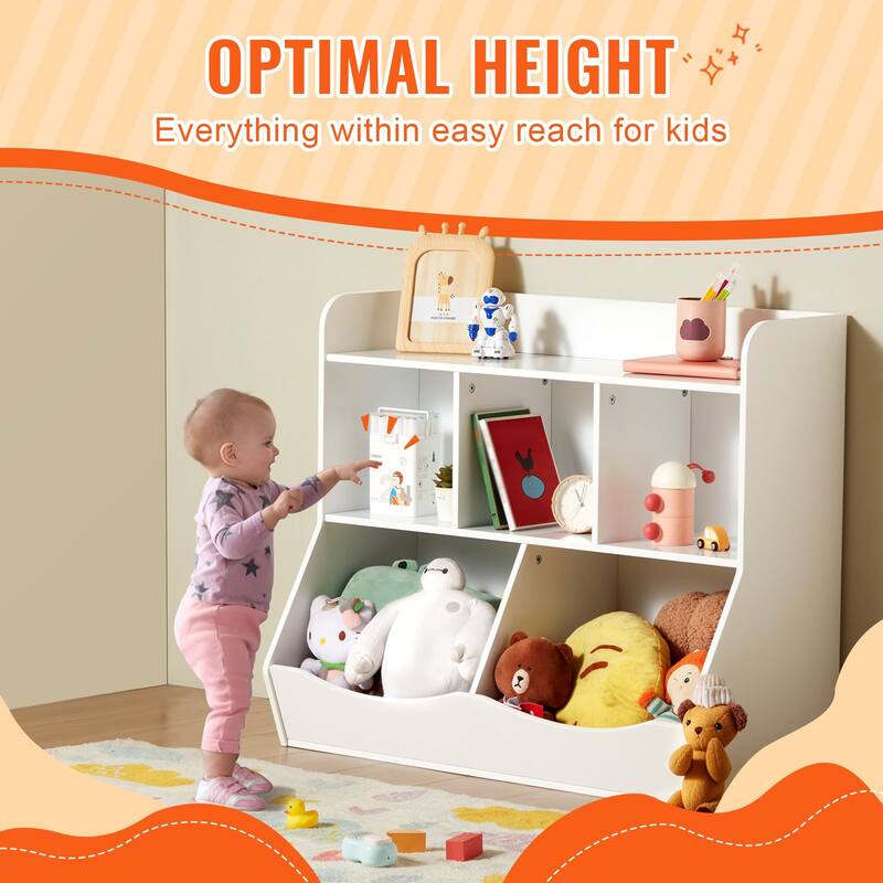 White Kid Toy Storage Cubby Organizer with Bookshelf and 5 Compartment Perfect for Nursery and Playroom - 35” × 16” × 30”