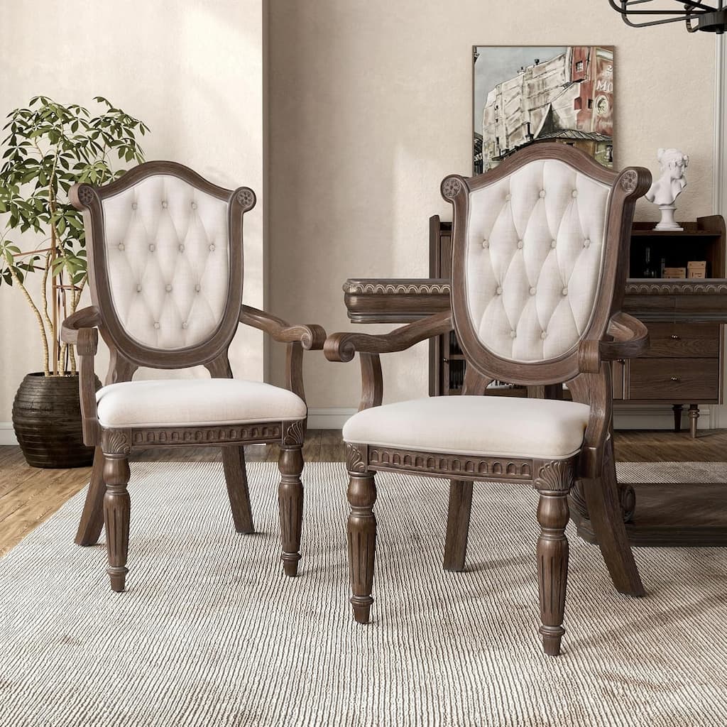 Tufted Arm Chairs Set Formal Oak Finish