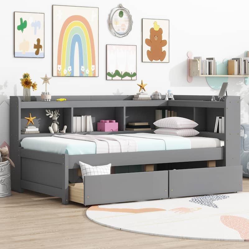 Corner Daybed Bookcases Bed with Power Outlets and Charging Ports, L-Shaped Storage Bed Frame Captains Bed with 2 Drawers - Grey - Twin
