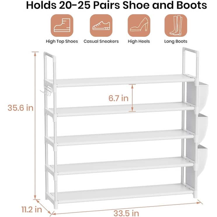 5 Tier Shoe Rack with Hook and Side Pocket - 11.2"D x 33.5"W x 35.6"H