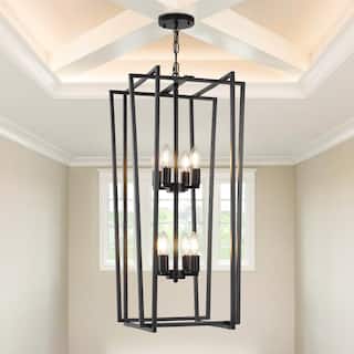 Farmhouse Lantern Chandelier Light Fixture, 8-Light Rustic Industrial Pendant Lighting, Adjustable Height Modern Hanging Light