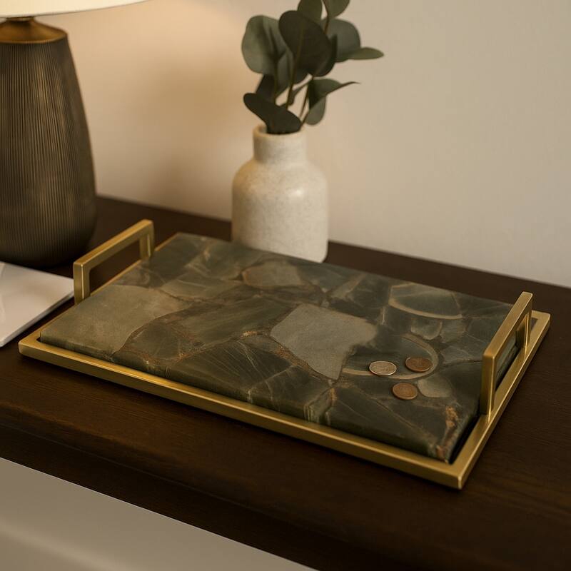Decorative Agate Accent Tray - Home Decor - 23", Green & Gold