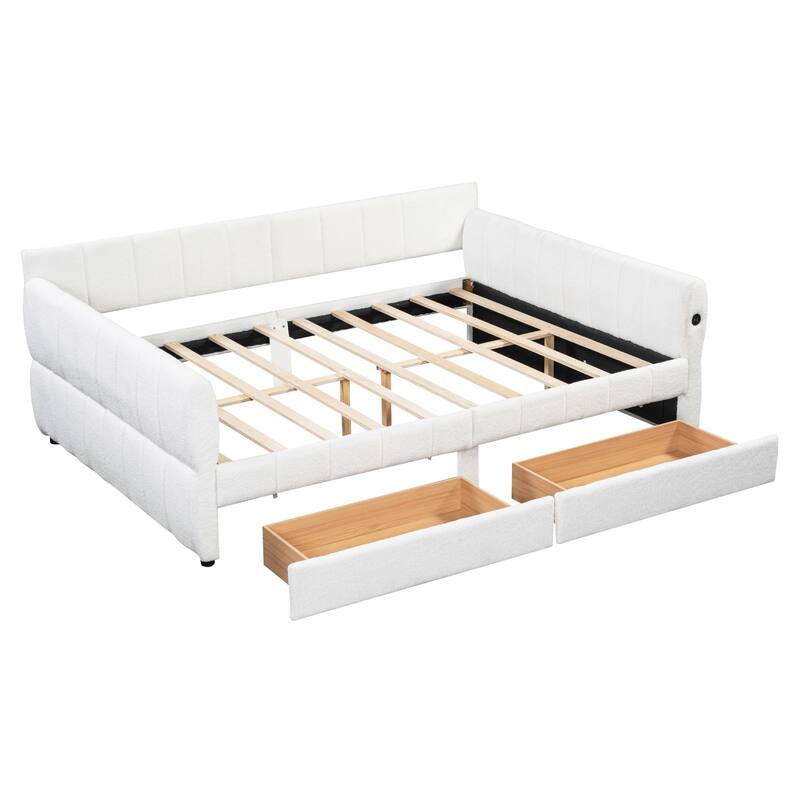 Queen Size Platform Storage Bed Frame Upholstered Daybed with USB and 2 Drawers, Low Profile Sofa Bed with Storage Underneath