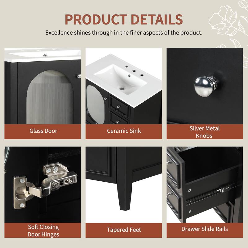 30" Bathroom Vanity with Sink, Bathroom Vanity Cabinet with Three Drawers and Door, Solid Wood and MDF
