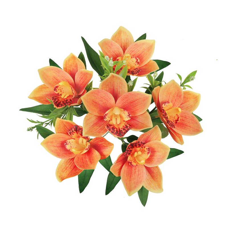 Set of 4 Orange Artificial Cymbidium Orchid Flower Stem Bush Bouquet 13in - 13" L x 8" W x 8" DP