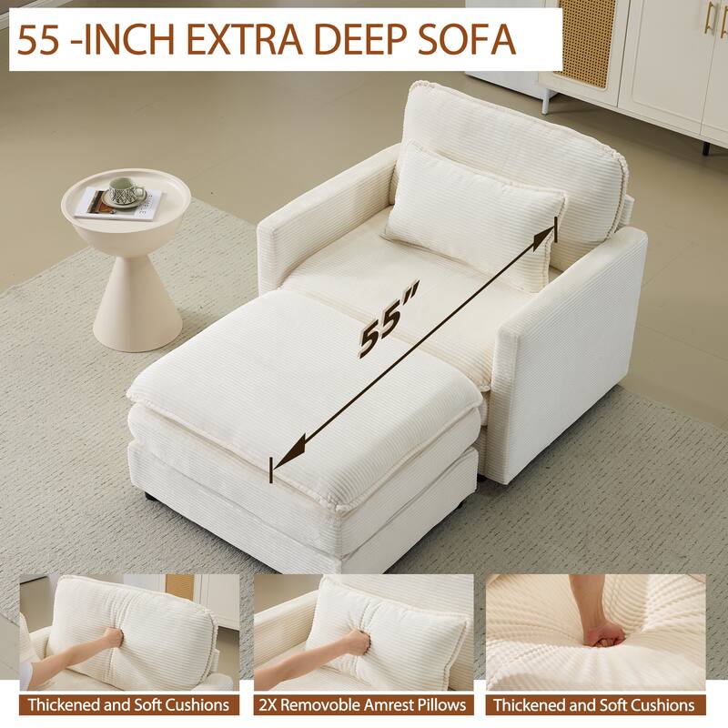 Plush Single Sofa Armchair & Ottoman Set of 2, Corduroy Chaise Lounge with Pillows - Compact Size for Living Room, Bedroom