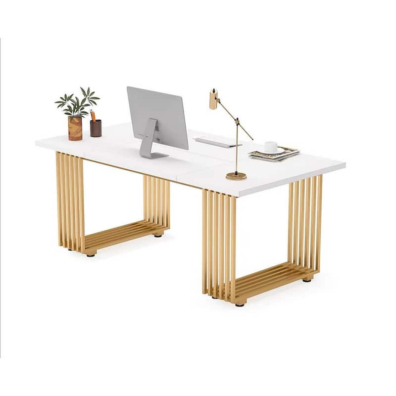 70.9"Modern Executive Desk, Large White Computer Desk with Gold Metal Legs, Wooden Office Desk for 6-8 People