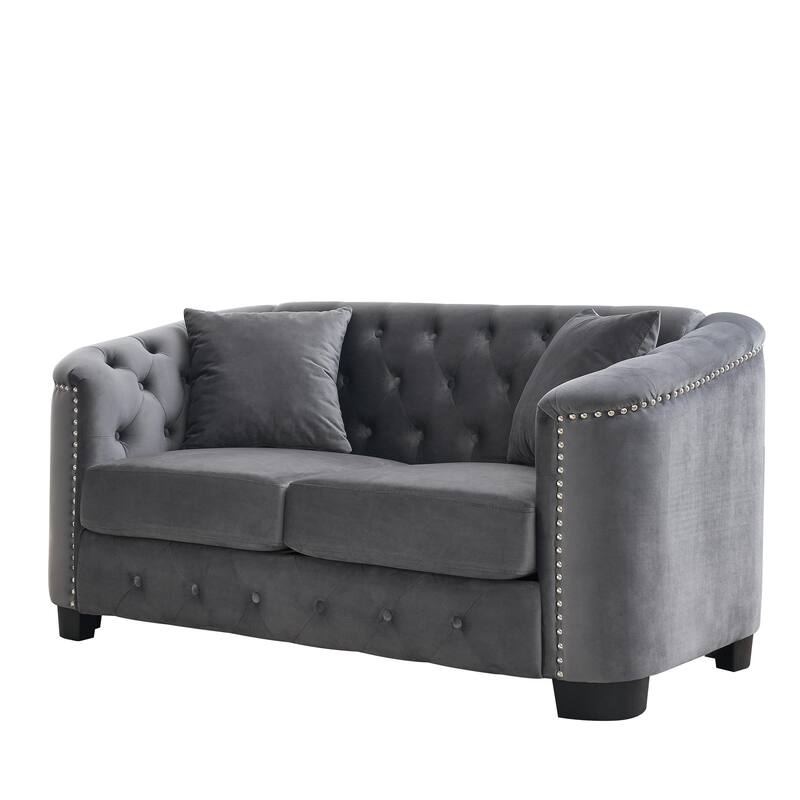 59-Inch Grey Velvet Sofa, 3-Seater, Upholstered Tufted with Nailhead Arms for Living Spaces