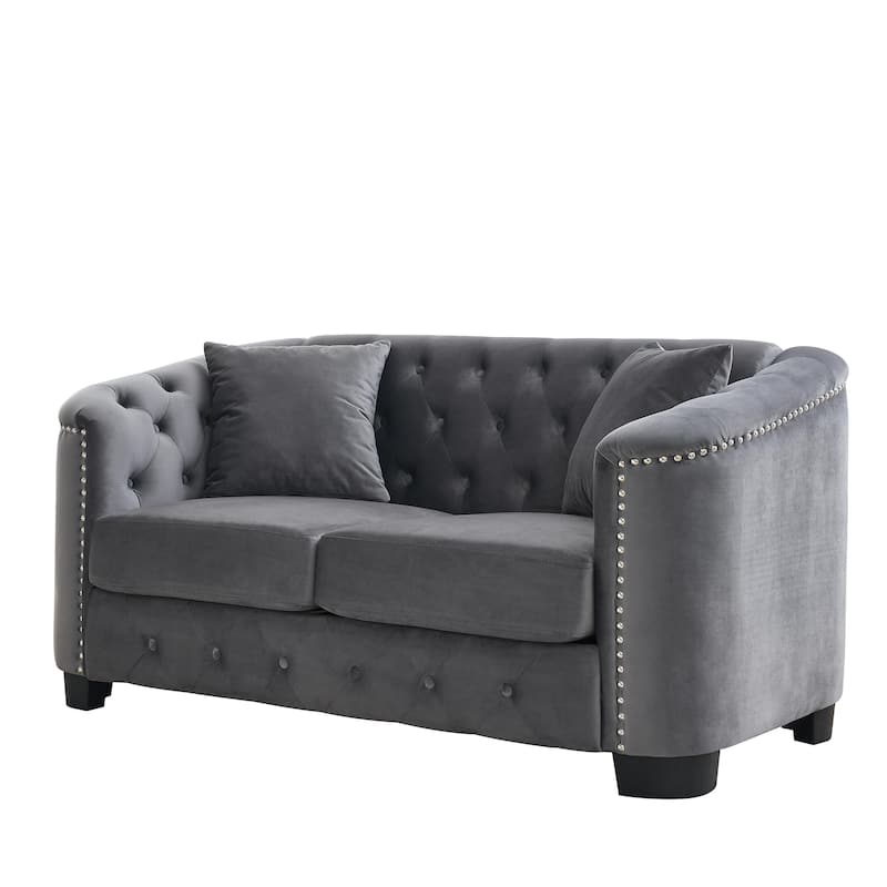 Roomfitters 77" Chesterfield Sofa, 3-Seater Velvet Tufted Couch with Rolled Arms, Nailhead Trim and 2 Cushions