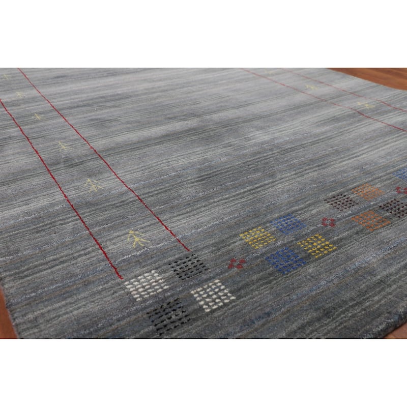 Striped Gray Gabbeh Oriental Area Rug Hand-Knotted Wool Carpet - 5'0"x 7'11"