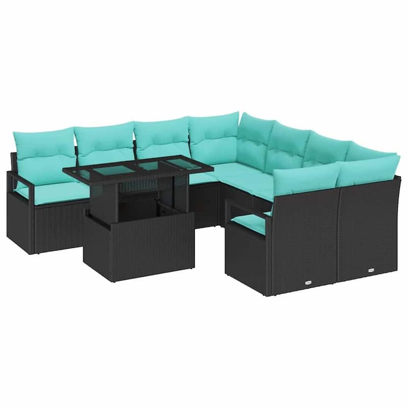 vidaXL 9 Piece Garden Sofa Set with Cushions Black Poly Rattan - 91.3×92.1×27.2