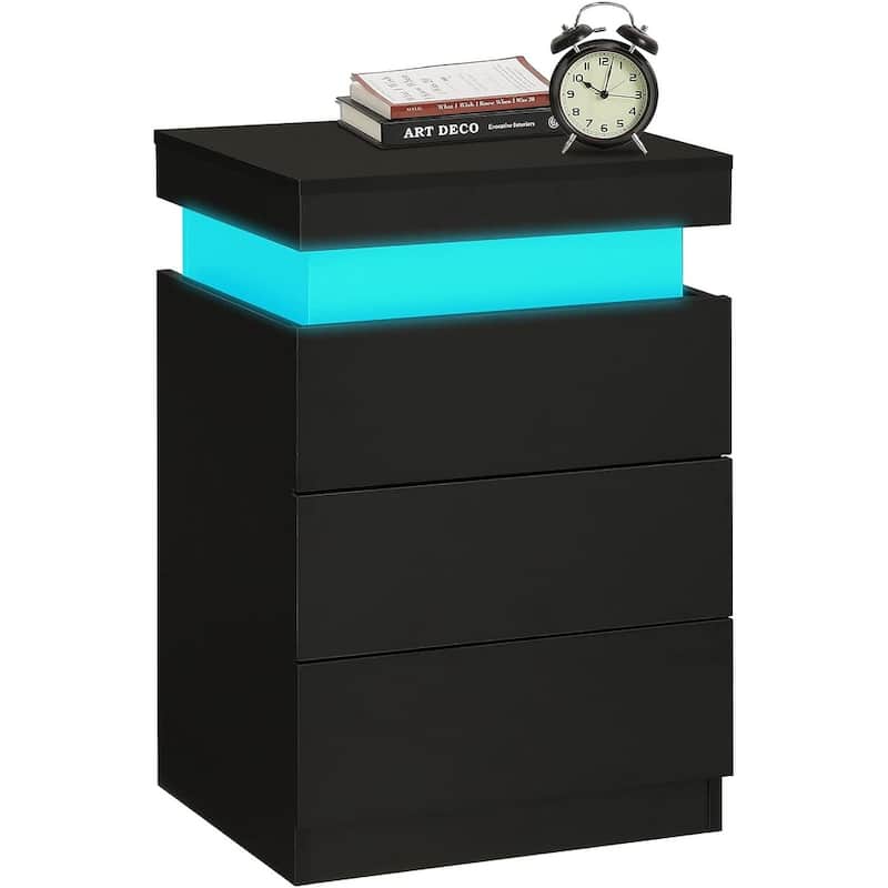 Bedroom Nightstand Charging Station LED Lights Sliding Top 3 Drawers