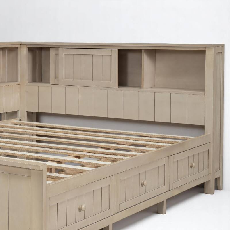 Full/Twin Daybed with Storage Shelves and 3 Drawers, Antique White Milk Farmhouse Platform Bed Frame, No Box Spring Needed