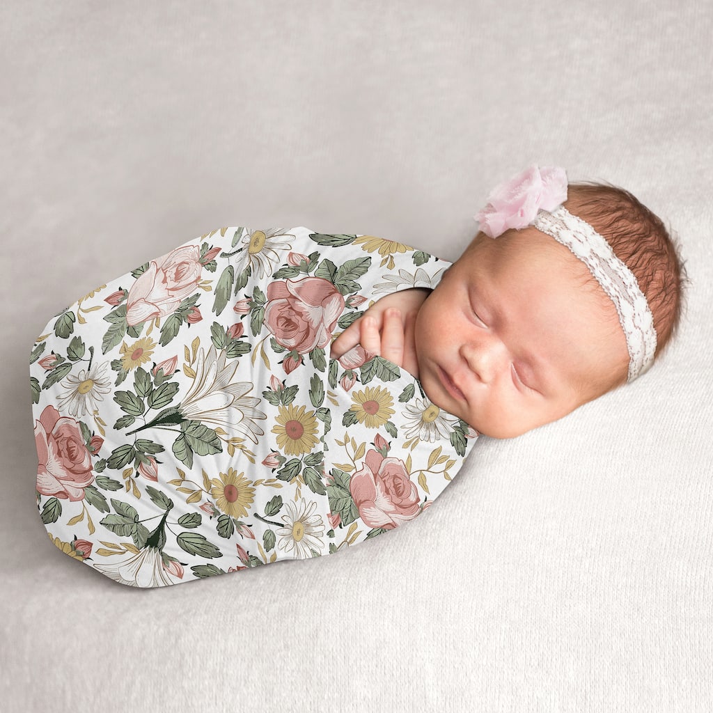 Vintage Floral Boho Collection Girl Baby Swaddle Receiving Blanket - Pink Yellow Green Shabby Chic Rose Flower Farmhouse