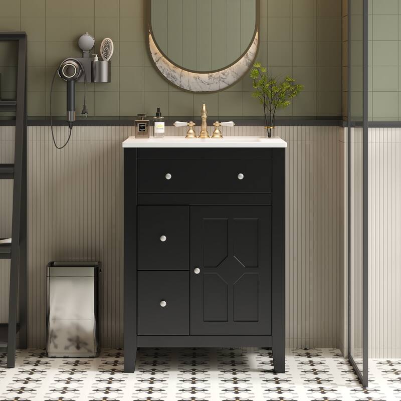 24" Bathroom Vanity with Ceramic Basin, Restroom Basin Cabinet with 2 Drawers, Small Bathroom Cabinet with Soft-Closing Door
