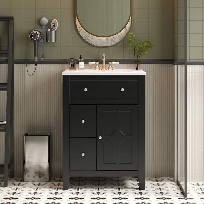24" Modern Bathroom Vanity - Ceramic Basin, 2 Drawers & Soft-Closing Door, Compact Design