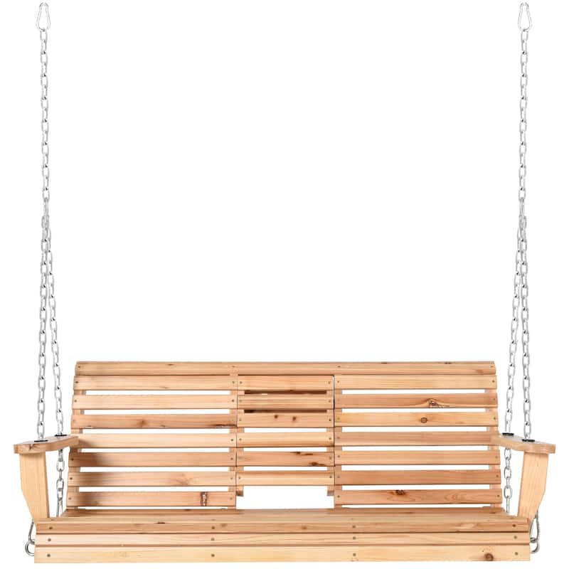 Outsunny 3-Seater Wooden Porch Swing Bench with Folding Coffee Table, Durable PU Coating, Chains Included - 59" x 29.5" x 20.75"