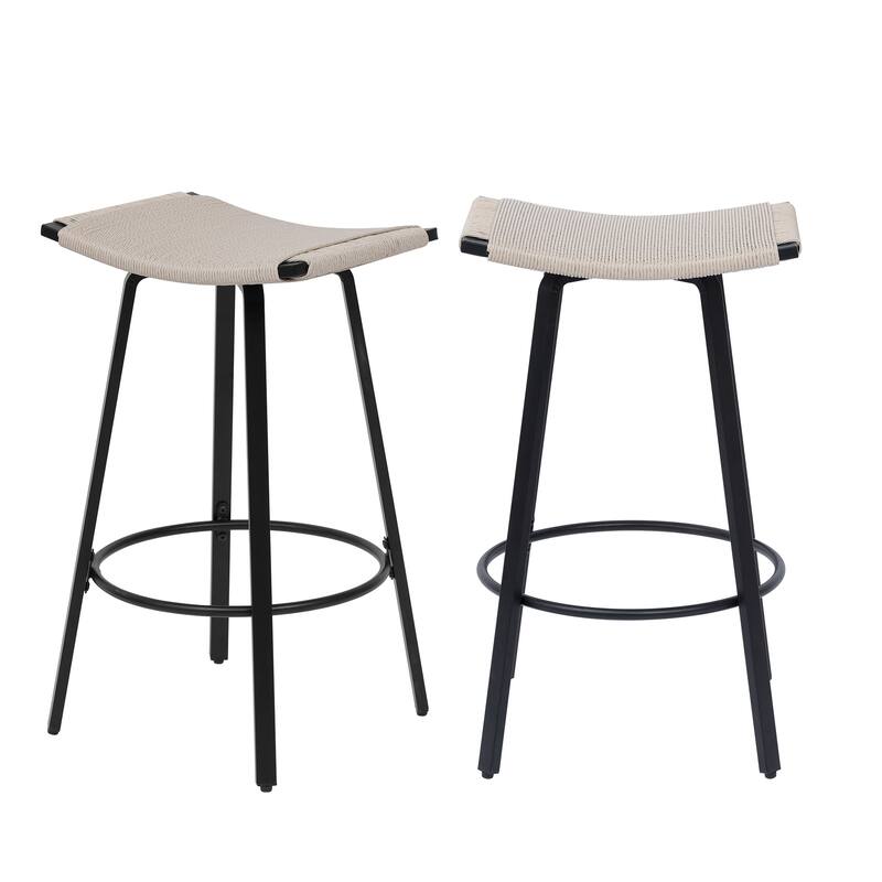 Set of 2 PVC Weaving Pub Stool Backless Handwoven Counter Height Bar Stools with Round Footrest