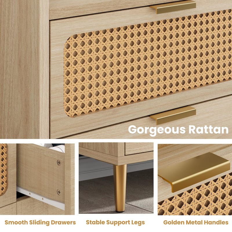 6 Drawer Double Dresser for Bedroom, Modern Chest of Drawers with Rattan Accents & Metal Legs