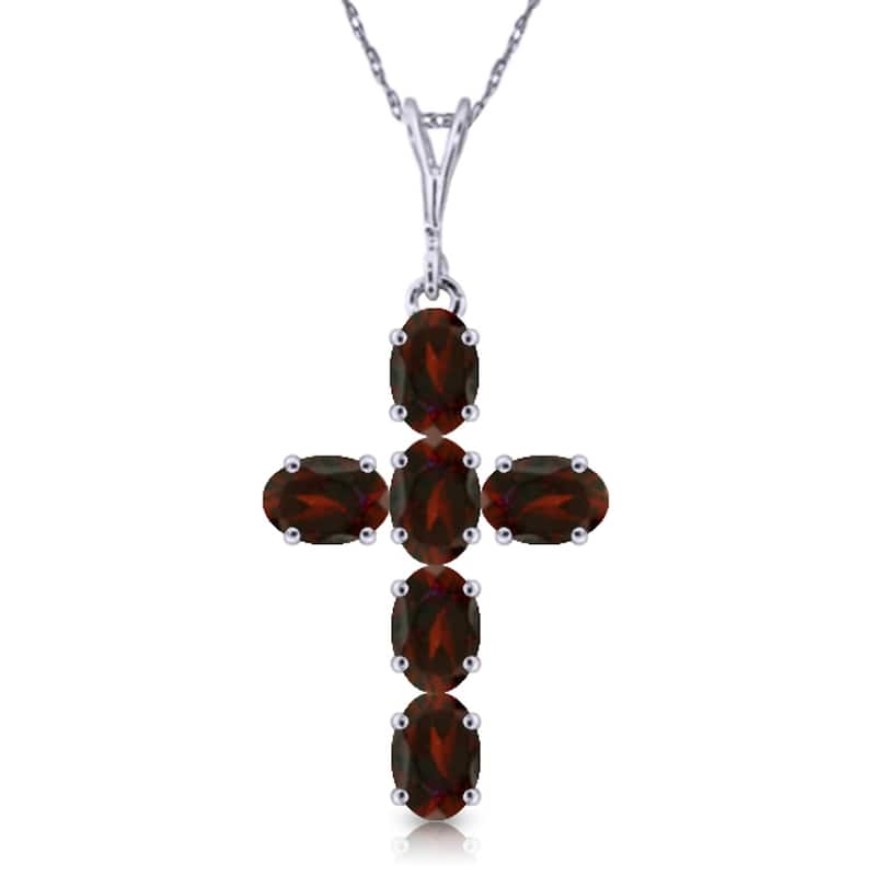 1.5 Carat 14K Solid Gold Cross Gemstone Necklace Natural Garnet - 22 Inch - White