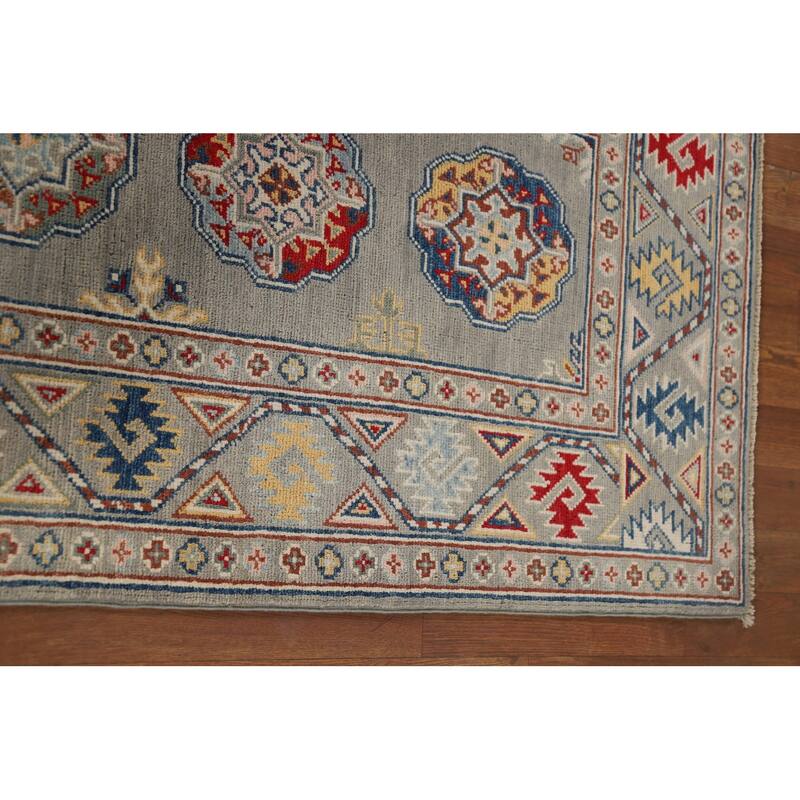 Gray Geometric Kazak Oriental Runner Rug Hand-Knotted Wool Carpet - 2'9" x 10'0"