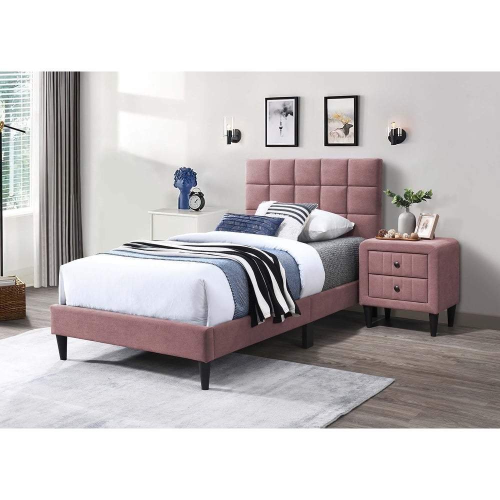 Twin Size Linen Platform Bed with Adjustable Headboard and 12-Slat Support System (No Box Spring Needed)