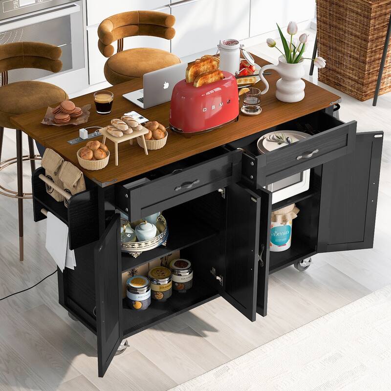 53.5" Farmhouse Kitchen Island with Power Outlet, Drop Leaf, Spice Rack, Drawer & Wheels