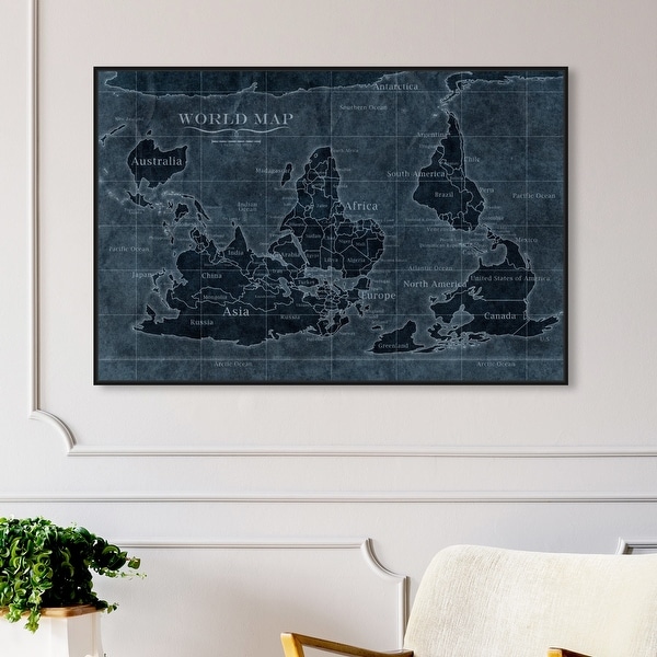 Oliver Gal 'Upside-Down Map of the World Noir' Maps and Flags Wall Art Framed Canvas Print World Maps - Blue, White. Opens flyout.