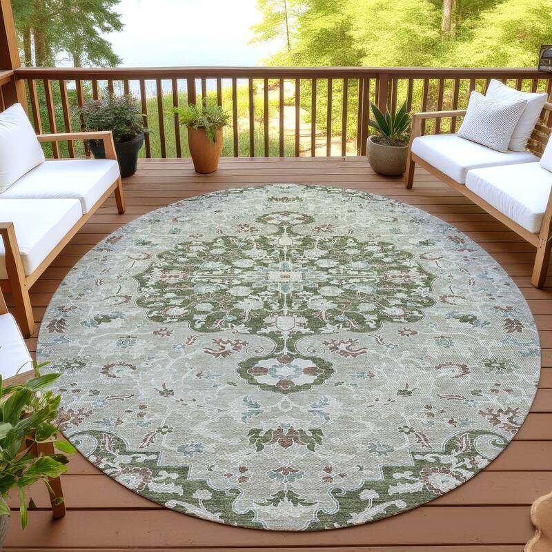 Machine Washable Indoor/ Outdoor Traditional Savannah Chantille Rug - Olive - 8' x 8'